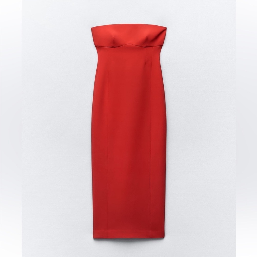 Zara Red Fitted Strapless Bodycon Midi Dress straight neckline Stretchy NWT - Picture 5 of 10